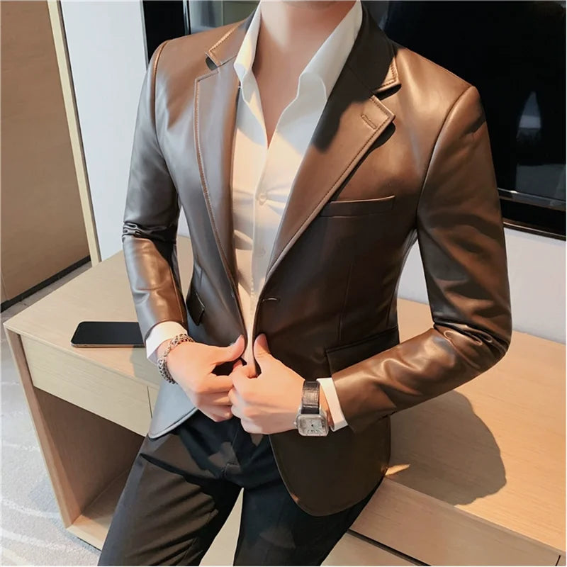 Jaqueta de couro PU masculina, monocromática, slim fit, blazers de negócios, casacos casuais, moda high-end, coreana, outono, 2022
