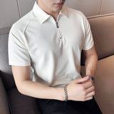 Verão masculino sólido camisa polo 2025 moda turn down collar zíper design fino ajuste casual elástico camisetas roupas masculinas 4xl-m