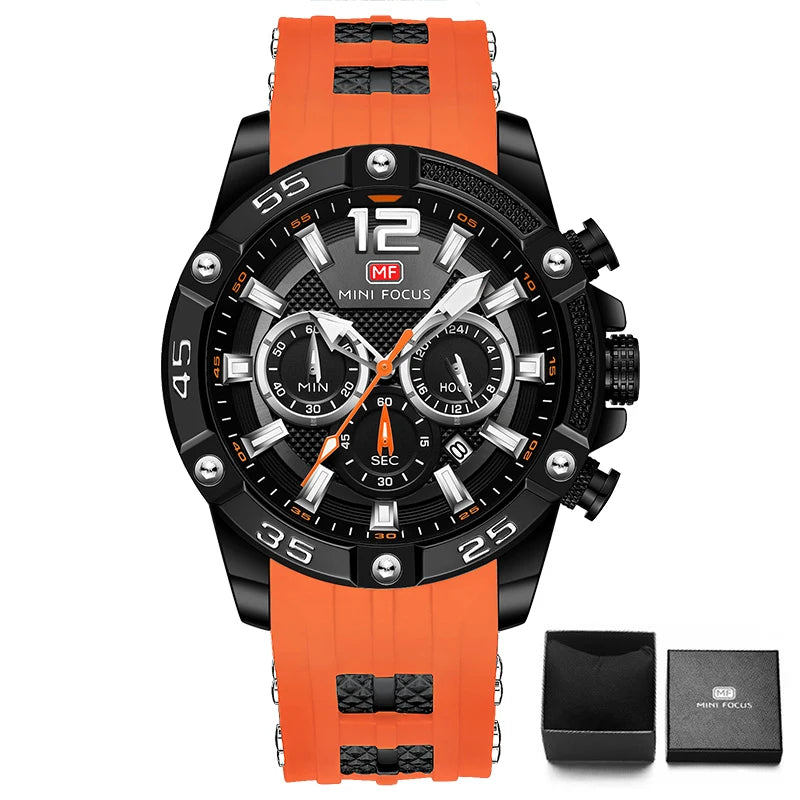 Mini foco laranja relógio para homem militar esporte cronógrafo relógio de pulso de quartzo com pulseira de silicone à prova dwaterproof água luminosa mãos 0349