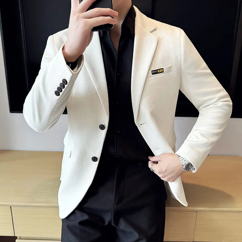 Nova lmitation algodão jacquard coreano fino ajuste terno jaqueta masculina moda casual negócios blazers casamento festa social vestido casacos