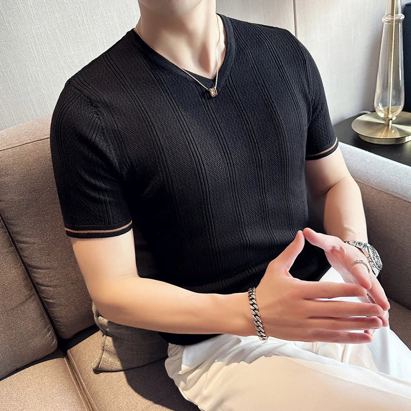 Camiseta masculina fina de seda gelo oca de malha, casual com decote v, manga curta, camiseta respirável, malha de elasticidade, estilo britânico, verão
