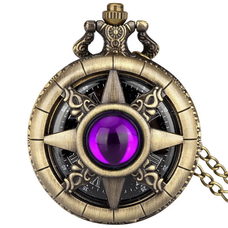 Exquisite Emerald-Green Stone Bronze Case Quartz Pocket Watch, Simples Dial Branco Cadeia Relógio, Colar Pingente para Homens e Mulheres