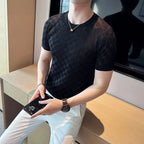 Camiseta de malha transparente masculina de malha, alta elasticidade, manga curta com gola em O, camiseta oca, camiseta xadrez casual masculina, verão 2022