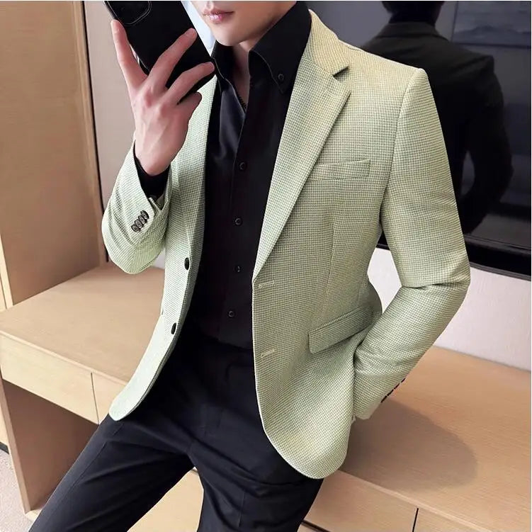 Seda brilhante mil pássaro grade terno jaqueta estilo coreano moda de negócios fino ajuste único breasted masculino festa social vestido casacos