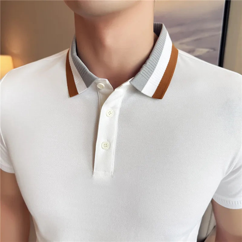 Verão de malha cor bloqueada listra colarinho polos camisas de alta qualidade moda masculina manga curta magro camiseta topo roupas masculinas