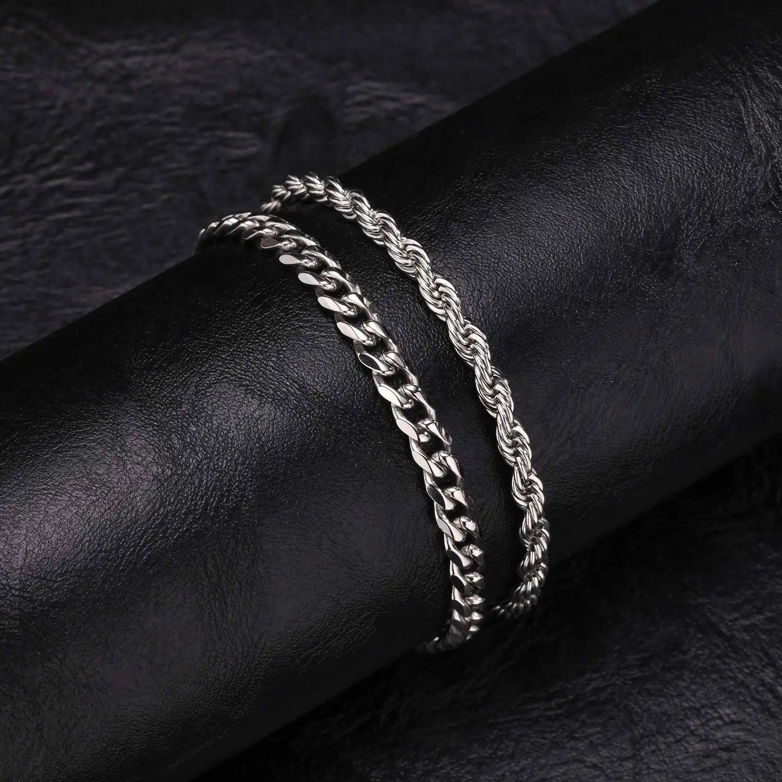 2 peças pulseiras de corrente masculina, corrente de corda torcida de aço inoxidável cor preta dourada prateada, presente de pulseira de corrente cubana da moda