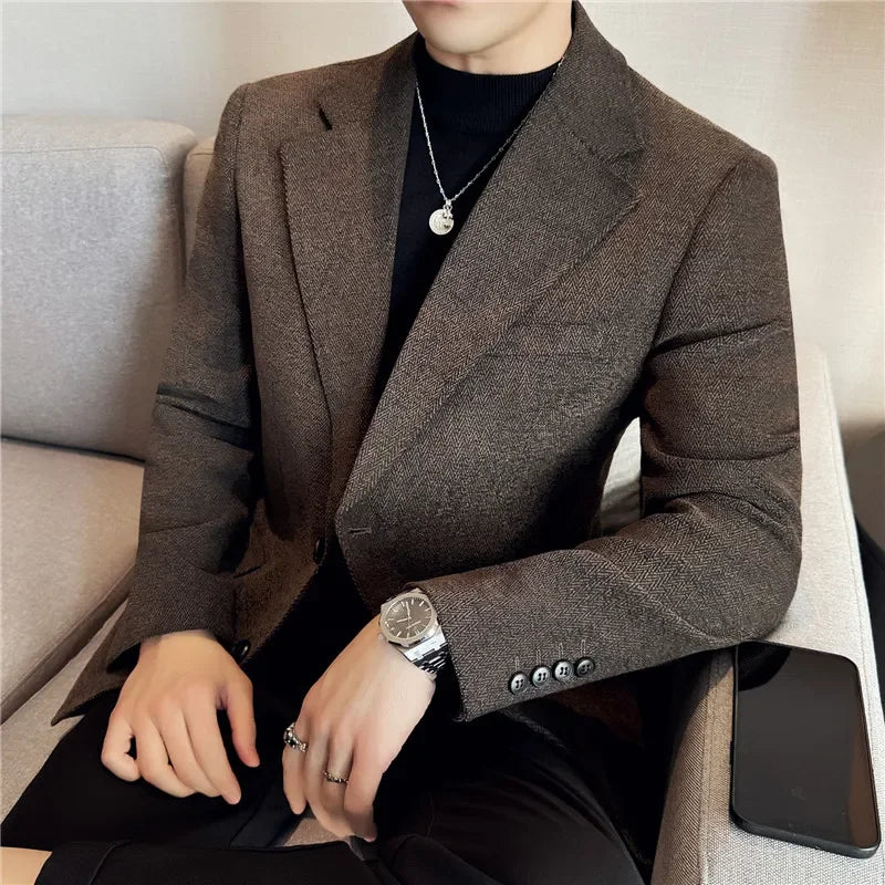 Outono inverno grosso terno de lã jaqueta masculina fino ajuste negócios casual terno casaco alta qualidade moda masculina casamento social smoking