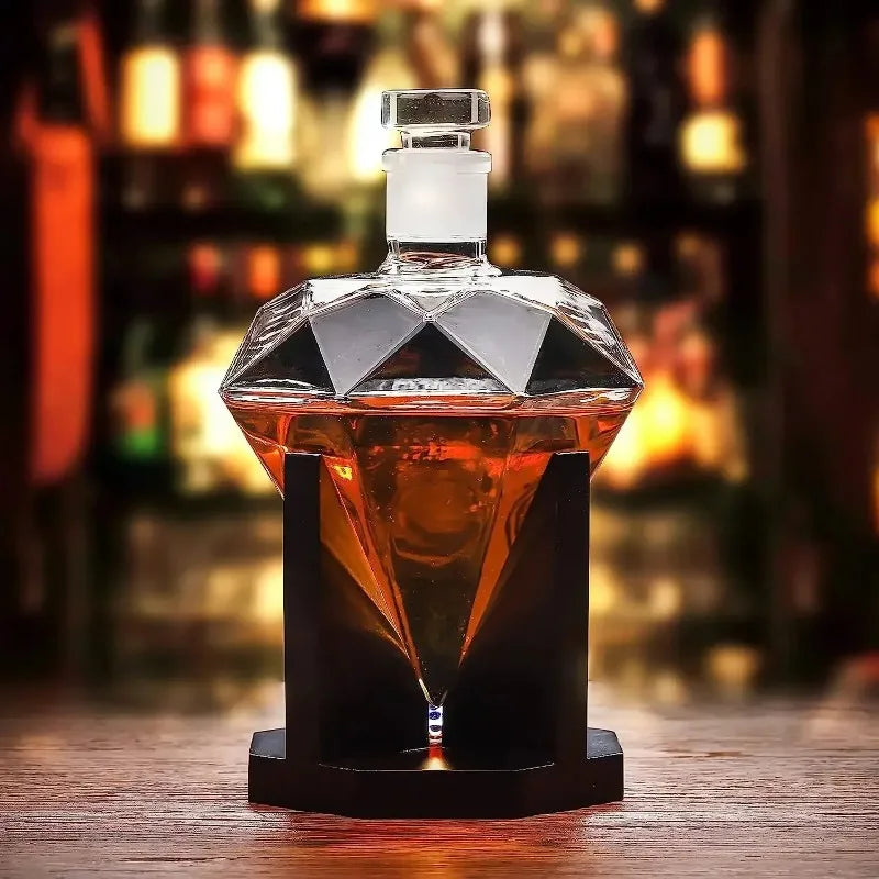 Decantador de uísque de 1000ml, garrafa de vinho de diamante de vidro com suporte de madeira, rolha hermética adequada para todos os tipos de álcool, presente