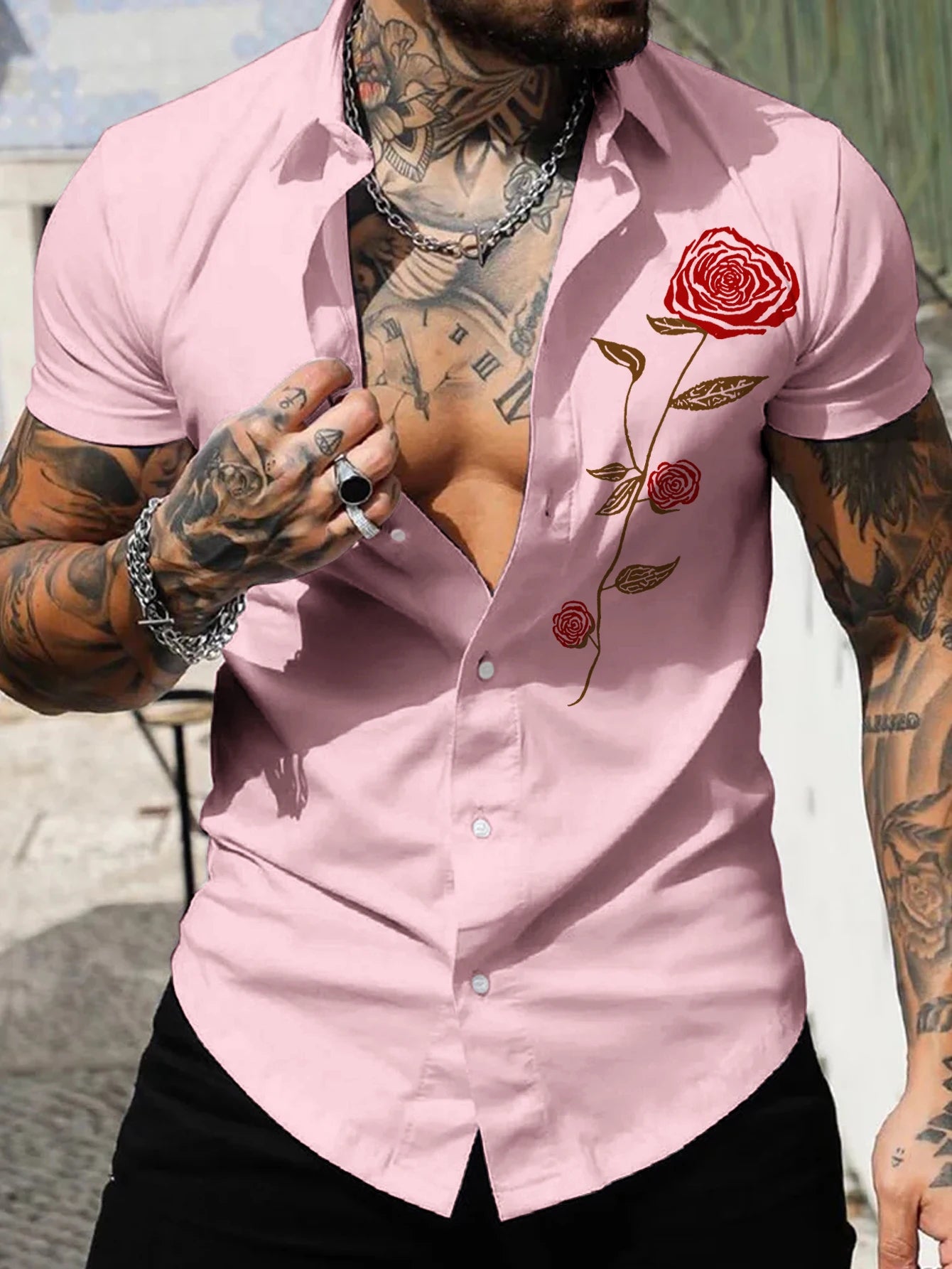 Camisa de manga curta estampada masculina, lapela, respirável, fina, mostrar músculo, nova tendência, verão