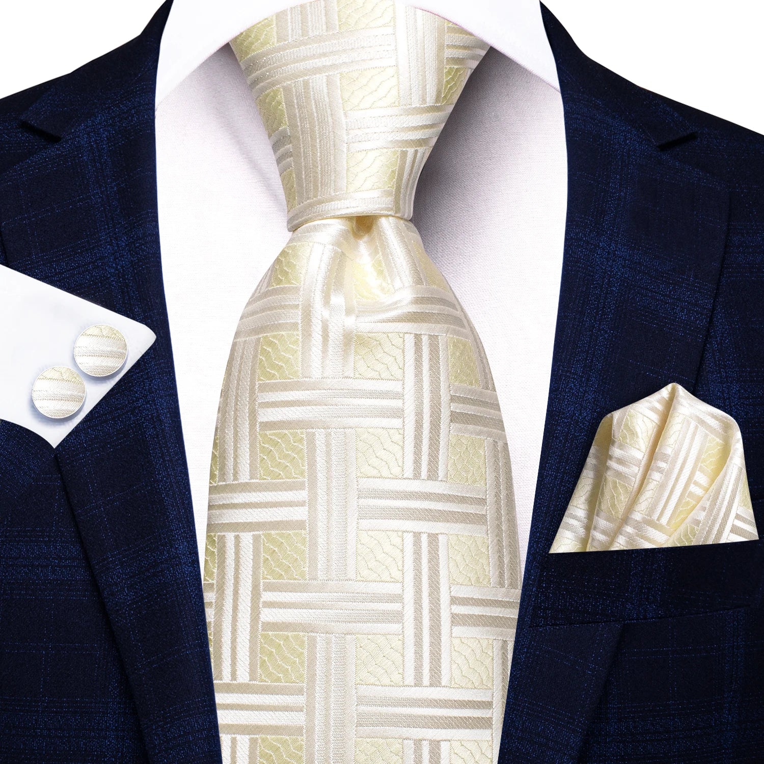 Hi-tie floral champanhe marfim masculino elegante gravata lenço abotoaduras para smoking moda clássico seda gravata de luxo para homem