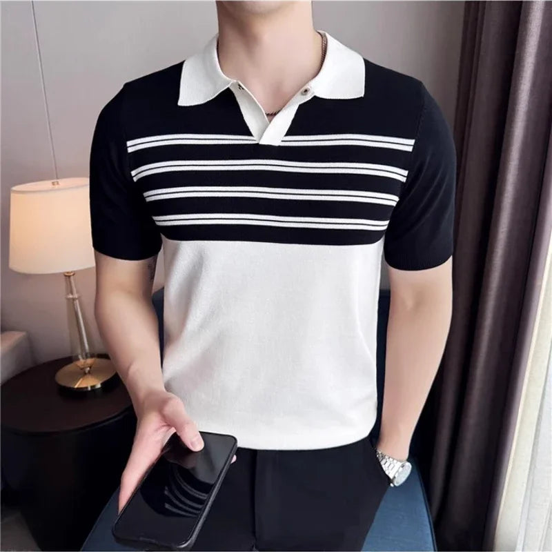 Verão gelo seda com decote em v emendado malha polos camisas 2025 de alta qualidade listrado casual negócios lapela versátil camiseta masculina