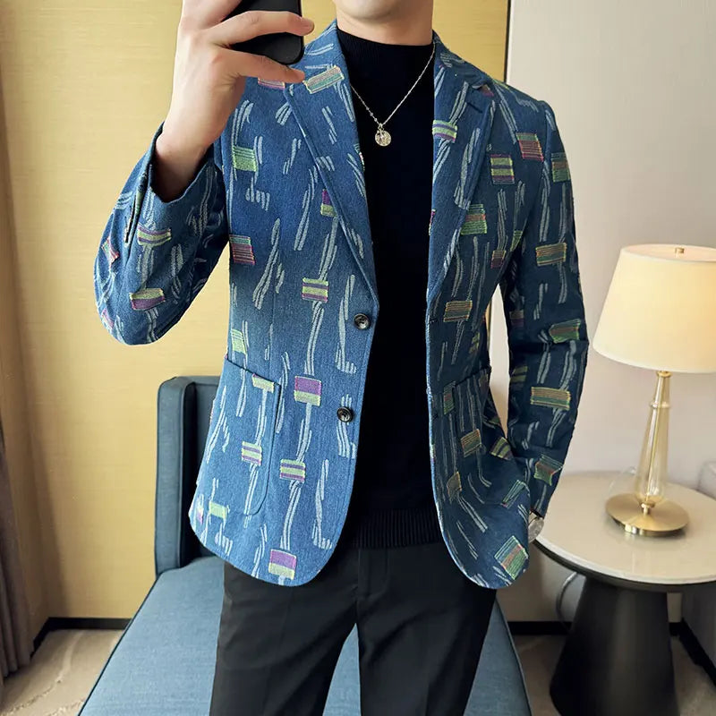 2025 novo luxo denim jacquard terno casacos moda masculina fino ajuste terno casual festa de negócios casaco uniforme casamento social fraque