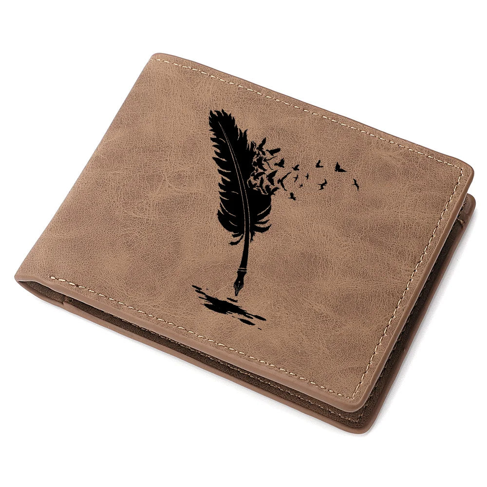 Nova carteira masculina premium com padrão de pena de anjo preto com vários slots para cartões, bolso para moedas, zíper, carteira rígida masculina