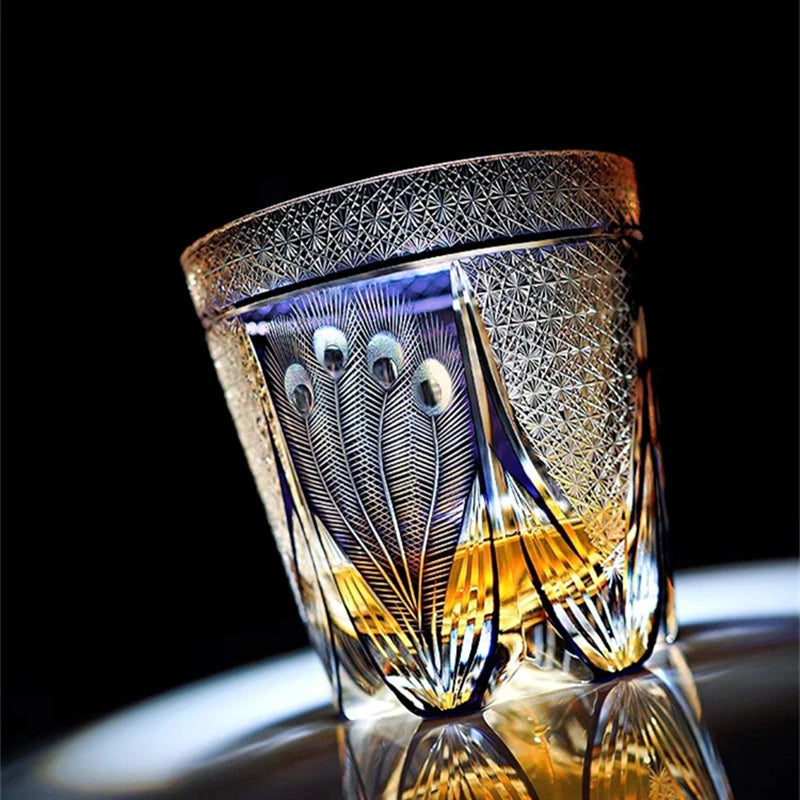Pavão tela aberta edo kiriko corte manual roxo cristal vidro vinho snifter brandy tumbler rock copos de uísque copo produtos vidreiros