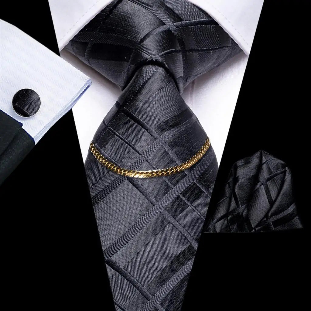 Hi-Tie-Gravatas de seda xadrez de luxo masculinas, conjunto de abotoaduras, design preto, presente de casamento, corrente de gravata moda