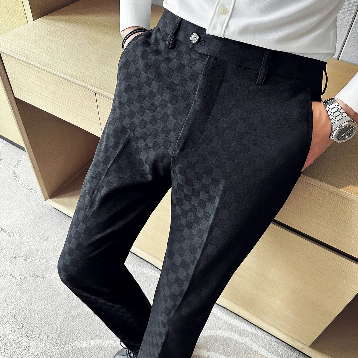 Novos homens casuais xadrez terno calças moda masculina fino ajuste negócios social vestido calças formal casamento festa social calças masculinas