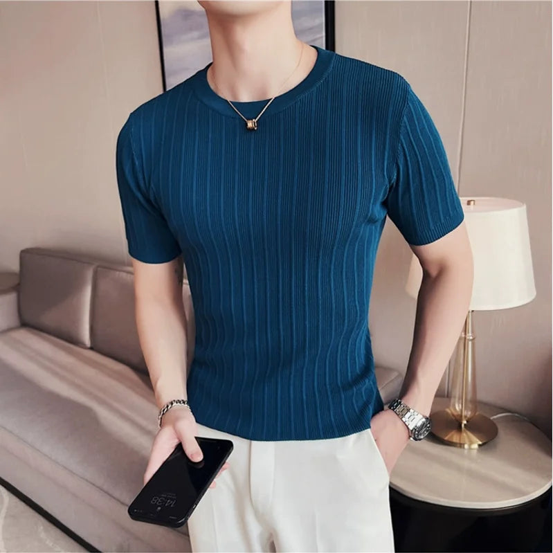 Camisola de malha de manga curta, camiseta elástica, gola redonda, slim fit, meia manga coreana, camiseta listrada, novo, verão, 6 cores, 2024