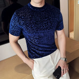 Camiseta jacquard de veludo dourado primavera verão nova meia gola alta ajuste fino casual manga curta respirável camiseta roupas masculinas