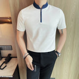 Camiseta masculina de verão com gola alta, moda meio zíper, pulôver, camisetas casuais, cor sólida, manga curta, slim fit