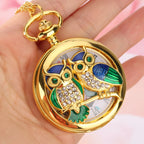 Encantador relógio de bolso de quartzo coruja incrustado de diamante, dourado artesanato arte, corrente oca relógio, camisola pingente, luxo