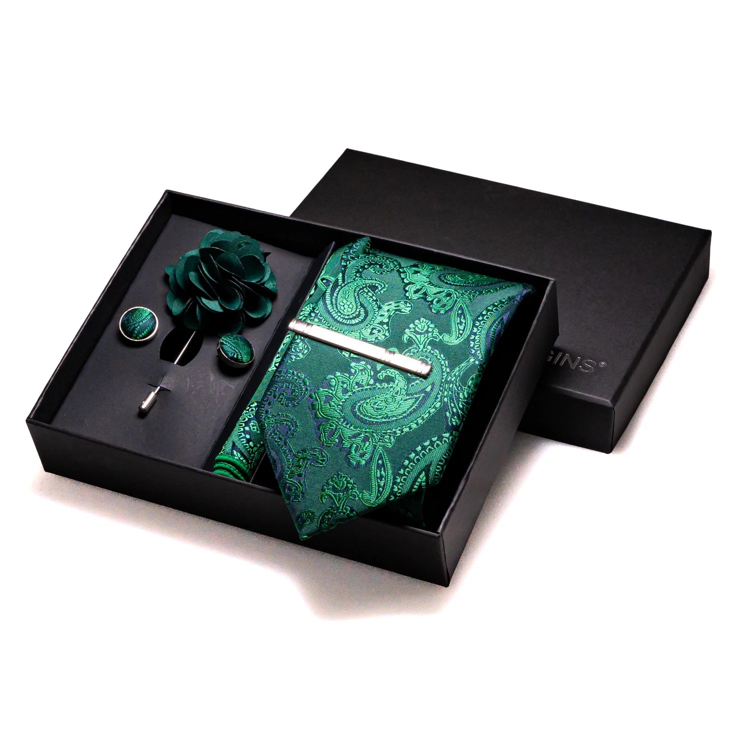 Gravatas luxuosas de seda com listras verdes escuras, acessórios de casamento, gravata masculina, bolso quadrado, abotoaduras, pino e caixa de presente elegante