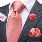 Homens Coral Vermelho Gravata Monocromática Conjunto, 8,5 cm de Largura, Seda, Gravata De Casamento, Praça De Bolso, Abotoaduras Broche, Presente Designer De Luxo