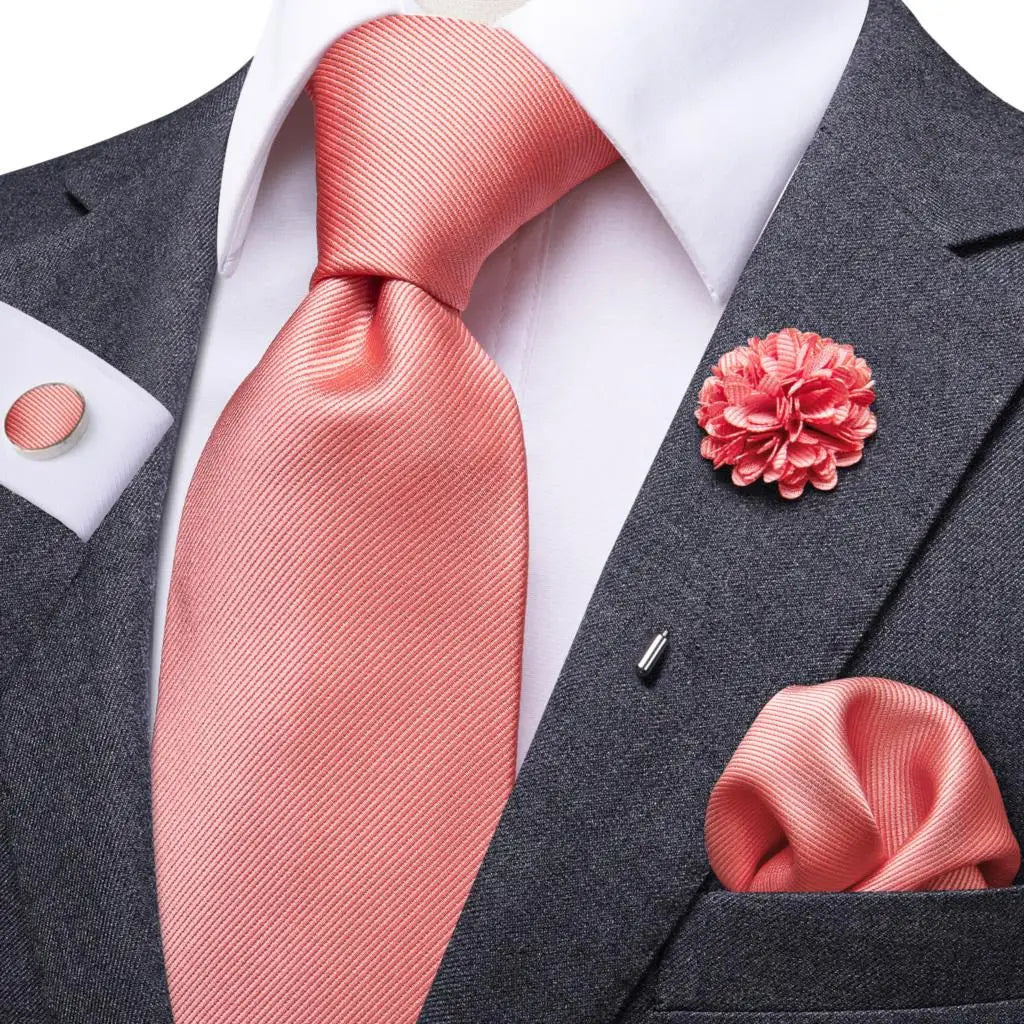 Homens Coral Vermelho Gravata Monocromática Conjunto, 8,5 cm de Largura, Seda, Gravata De Casamento, Praça De Bolso, Abotoaduras Broche, Presente Designer De Luxo