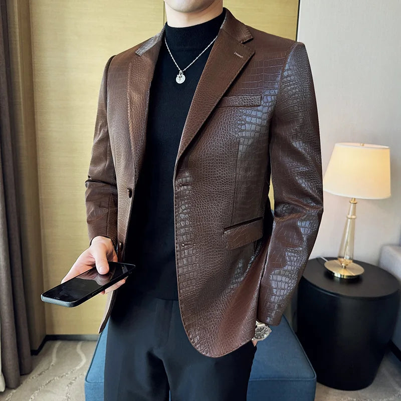 Nova alta qualidade listra de crocodilo fino ajuste jaqueta de couro clássico negócios casual fino ajuste masculino blazer smoking roupas masculinas 4xl-m