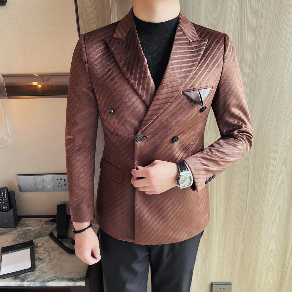 Estilo britânico de luxo masculino duplo breasted sarja terno jaqueta alta qualidade moda negócios fino ajuste noivo festa social terno vestido