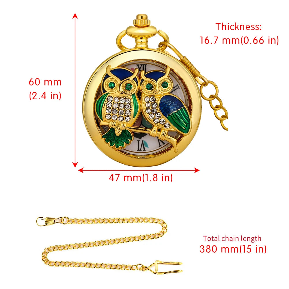 Encantador relógio de bolso de quartzo coruja incrustado de diamante, dourado artesanato arte, corrente oca relógio, camisola pingente, luxo