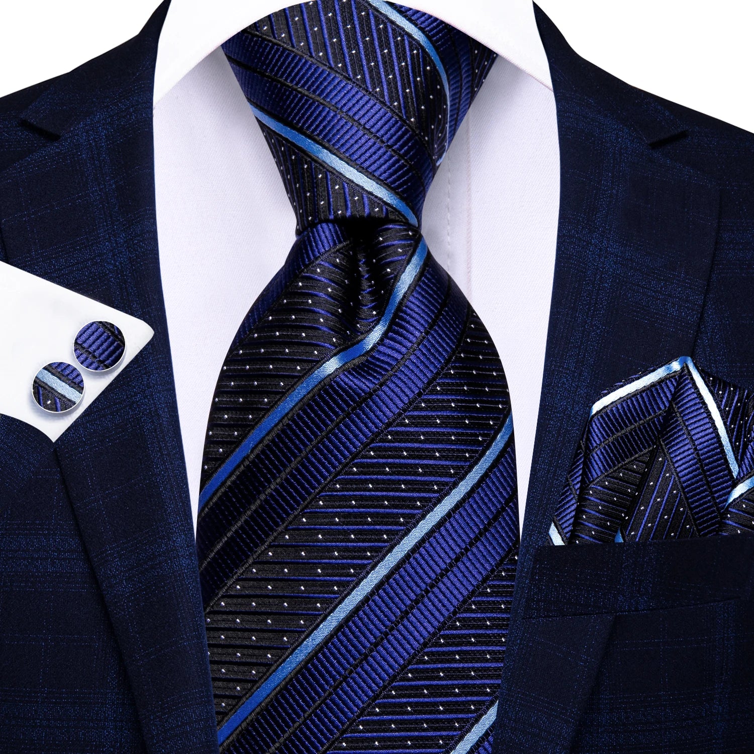 Hi-tie listrado borgonha azul preto masculino elegante gravata lenço abotoaduras 3 pçs conjunto moda clássico seda gravata de luxo para homem