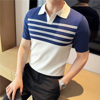 Verão gelo seda com decote em v emendado malha polos camisas 2025 de alta qualidade listrado casual negócios lapela versátil camiseta masculina