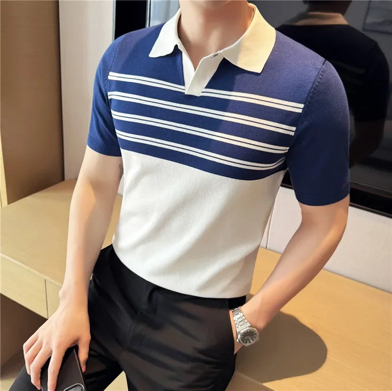 Verão gelo seda com decote em v emendado malha polos camisas 2025 de alta qualidade listrado casual negócios lapela versátil camiseta masculina