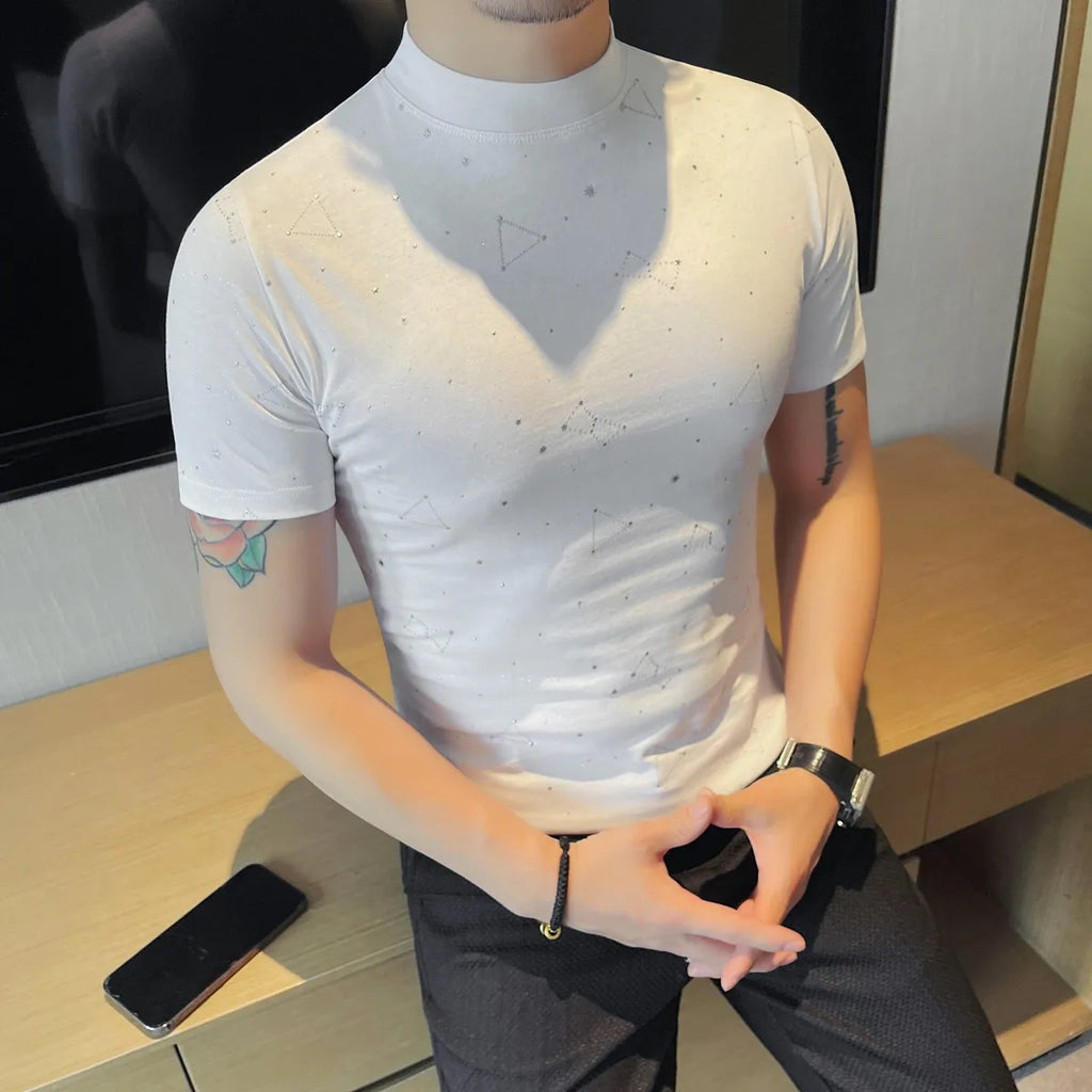 Verão masculino em pó revestido t camisas moda o-pescoço manga curta casual respirável camiseta roupas masculinas 4xl-m