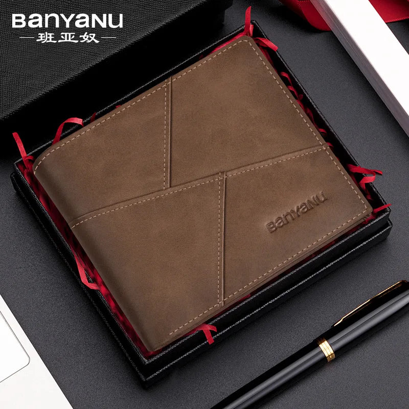 BANYANU-carteira de couro genuíno masculino, RFID, escova anti-roubo, camada superior retro, couro de vaca, curto, bolsa de comércio exterior, novo, 2022
