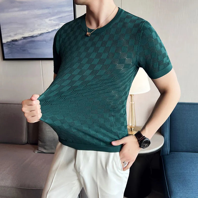 Camiseta de malha transparente masculina de malha, alta elasticidade, manga curta com gola em O, camiseta oca, camiseta xadrez casual masculina, verão 2022