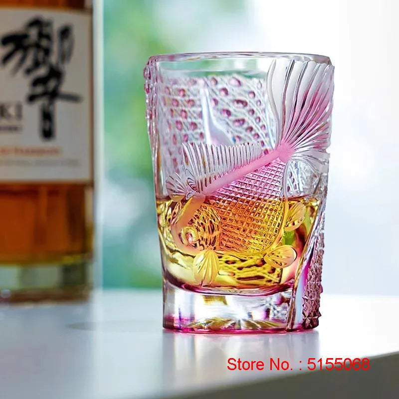 Copo de vinho dourado de cristal rosa, eq kiriko, escultura requintada, copo de uísque, brandy, snifter, licor, uísque, rock, dropship