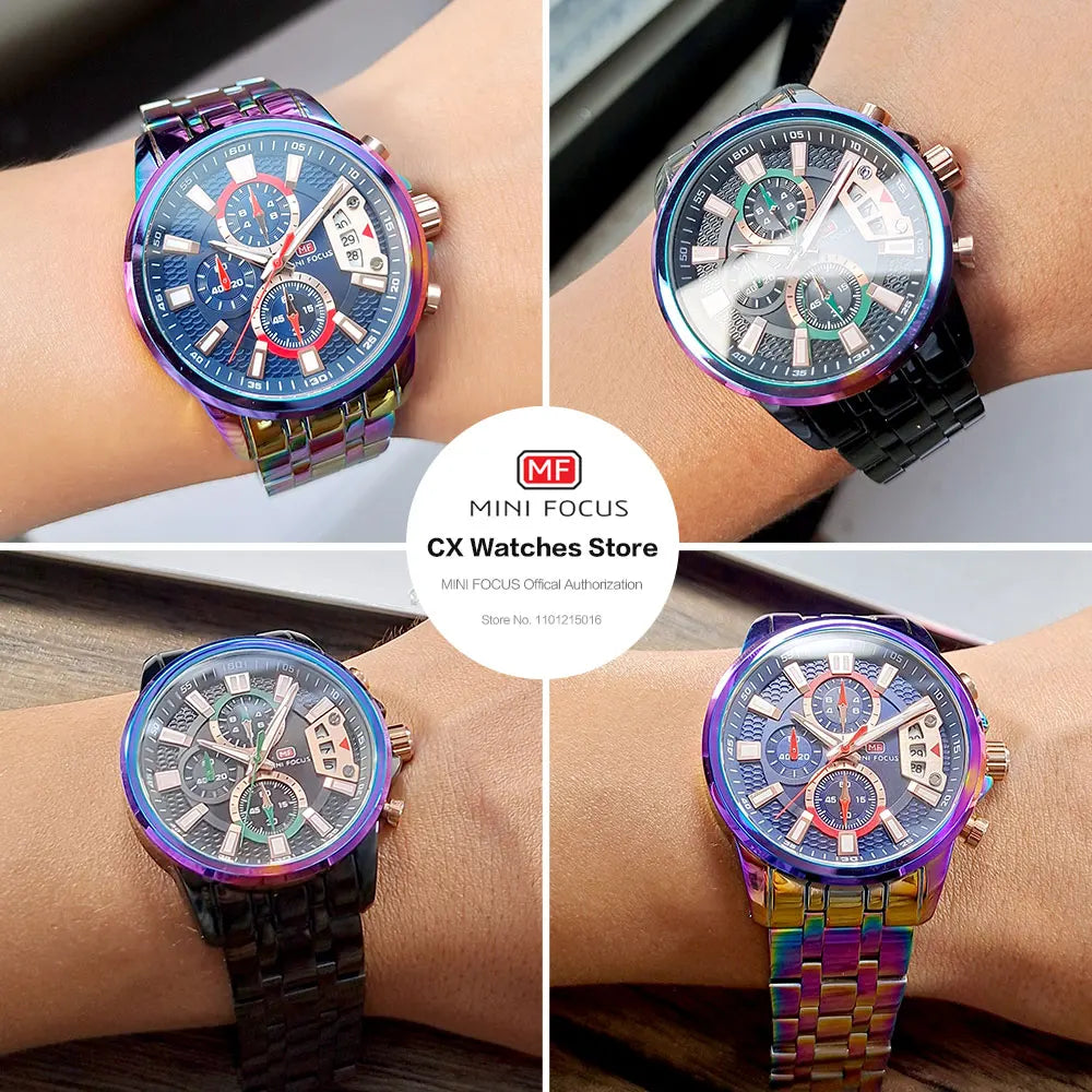 MINI FOCUS Motley Relógios para Homens Moda Esporte Cronógrafo Relógio de Pulso de Quartzo com Data Luminosa Mãos Pulseira de Aço Inoxidável Homem