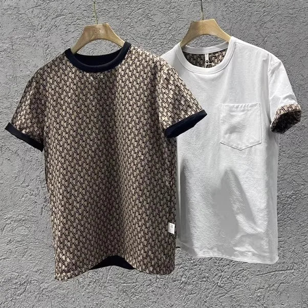 Verão dupla face wear camiseta masculina 2025 nova alta qualidade tripulação pescoço moda versátil casual fino ajuste elasticidade camiseta