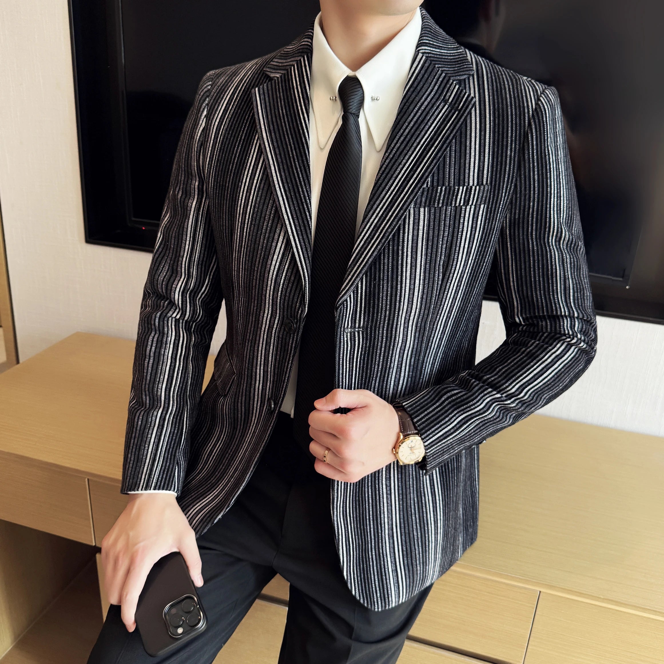 Alta qualidade de pelúcia listrado moda casual terno jaqueta outono inverno novos homens fino ajuste negócios formal social baile festa smoking