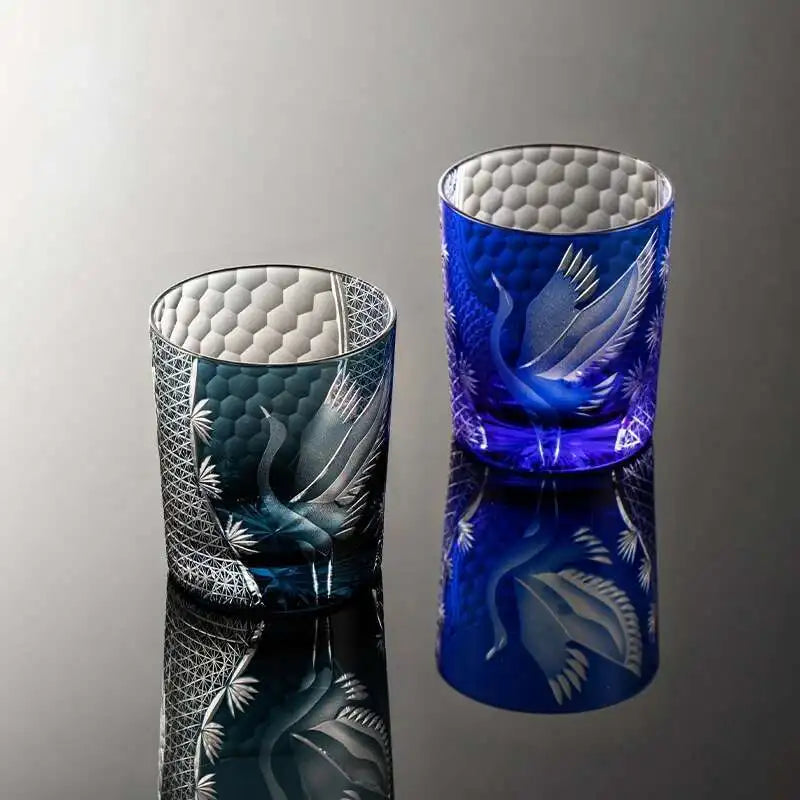 Japonês mão gravura pinheiro guindaste edo kiriko cristal copo de uísque trabalho da arte copo vinho brandy snifter saquê caneca copo de licor