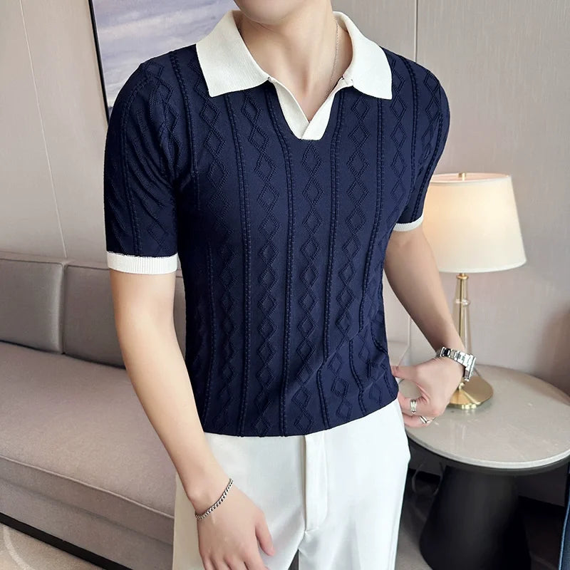 Verão listra jacquard manga curta camisa polo de malha masculina com decote em v contraste cor magro ajuste casual negócios camiseta topos 3xl