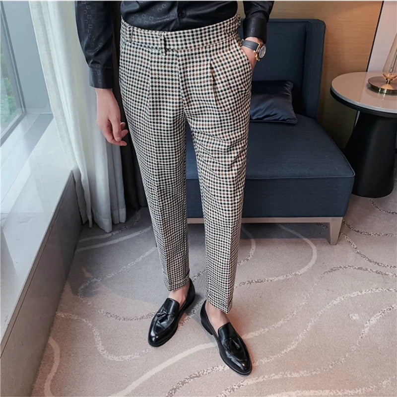 Estilo britânico outono nova moda listra xadrez terno calça masculina design de cintura alta fino ajuste calças de escritório dos homens noivo calças de casamento