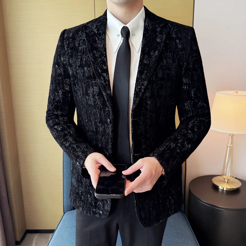 Alta qualidade de pelúcia jacquard moda terno jaqueta versão coreana fino ajuste negócios retro casual terno de casamento social blazer 5xl-m