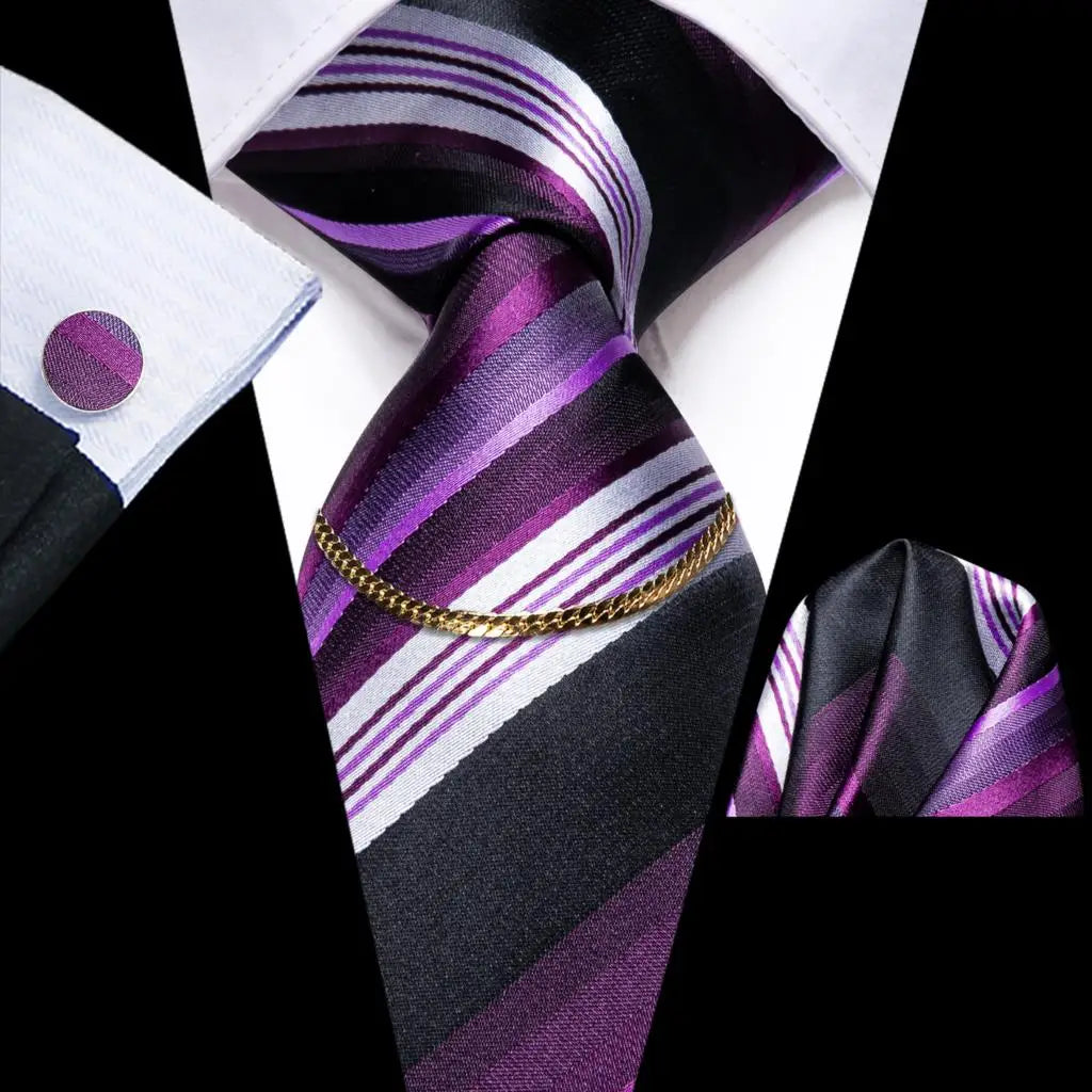 Hi-Tie-Gravatas de seda xadrez de luxo masculinas, conjunto de abotoaduras, design preto, presente de casamento, corrente de gravata moda