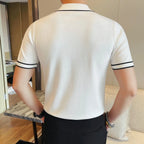 Camisa polo de seda gelo de malha com decote em v masculina 2025 verão moda sólida manga curta t camisa masculina fino ajuste casual camisetas topos