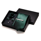 Gravatas luxuosas de seda com listras verdes escuras, acessórios de casamento, gravata masculina, bolso quadrado, abotoaduras, pino e caixa de presente elegante
