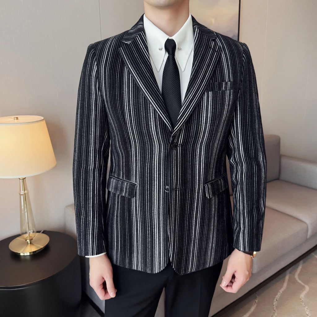 Alta qualidade de pelúcia listrado moda casual terno jaqueta outono inverno novos homens fino ajuste negócios formal social baile festa smoking