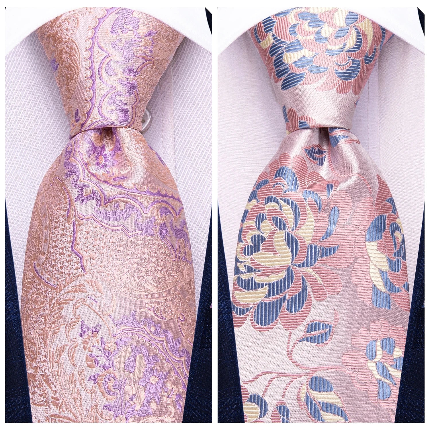 Conjunto clássico de gravata de seda masculino, gravata, floral, rosa, roxo, azul, elegante, lenço, abotoaduras, moda luxuosa, 3 peças