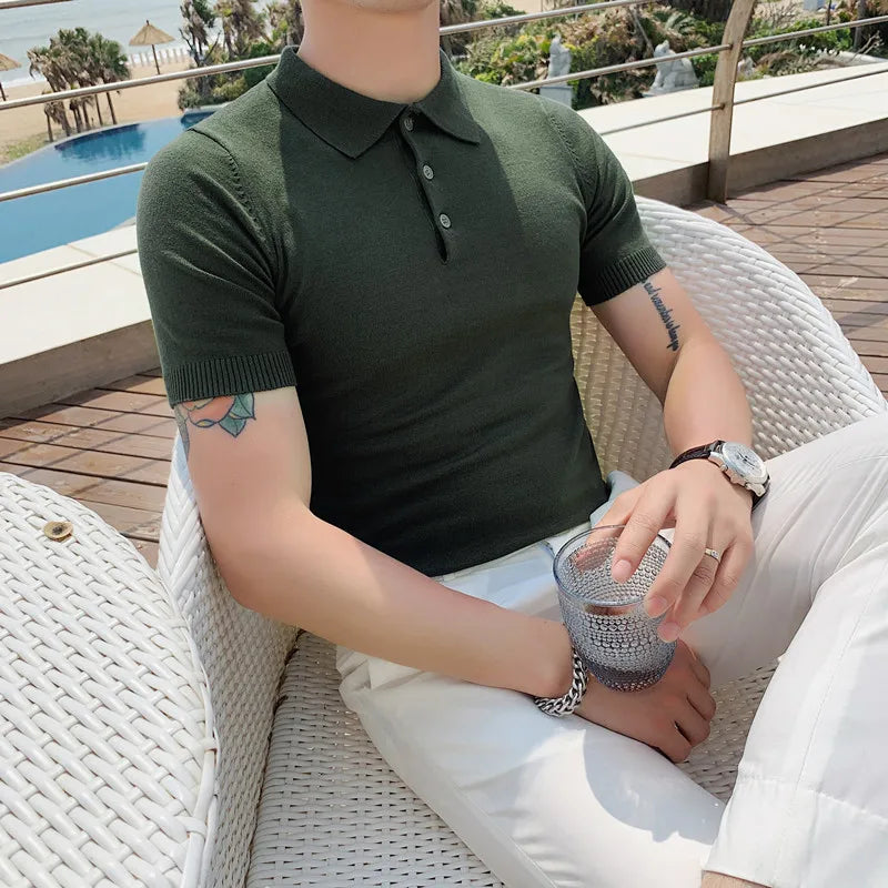 Camisa polo de manga curta Slim Fit masculina Polos de cor sólida, roupas formais de negócios casuais, novas marcas de moda, verão, 2022